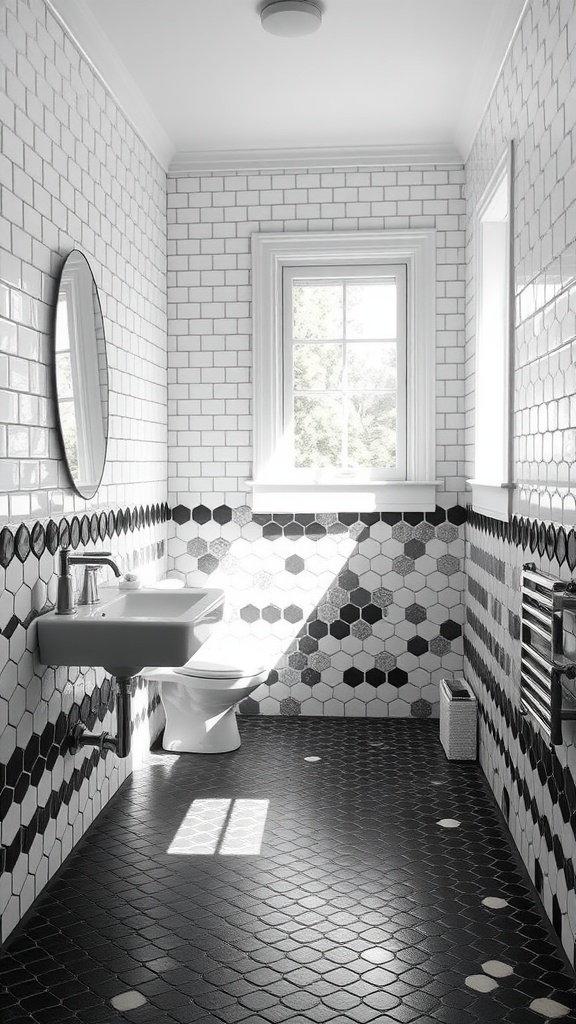 Black and white penny tile bathroom with natural light