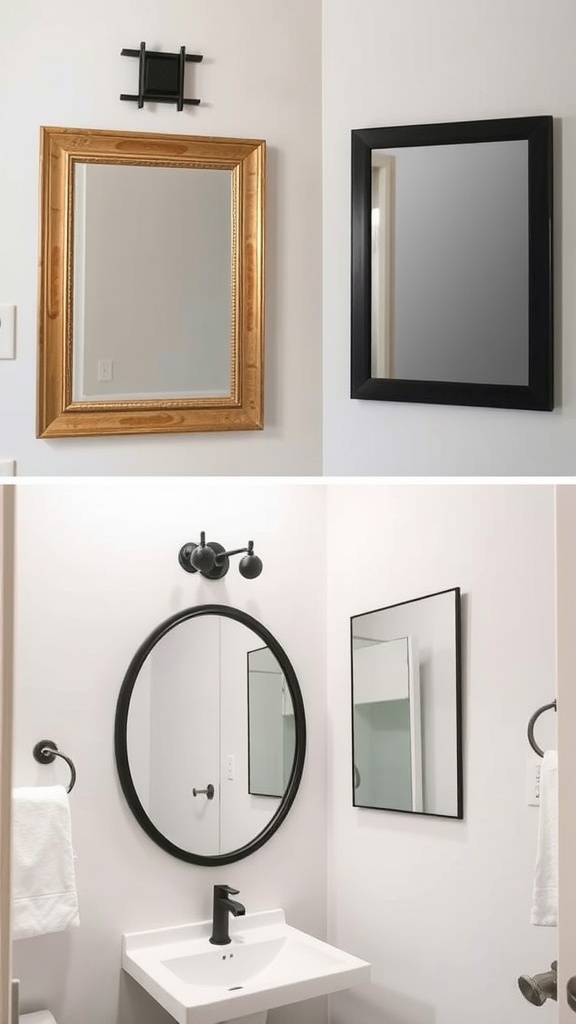 Image showing framed and frameless black mirrors in a bathroom setting