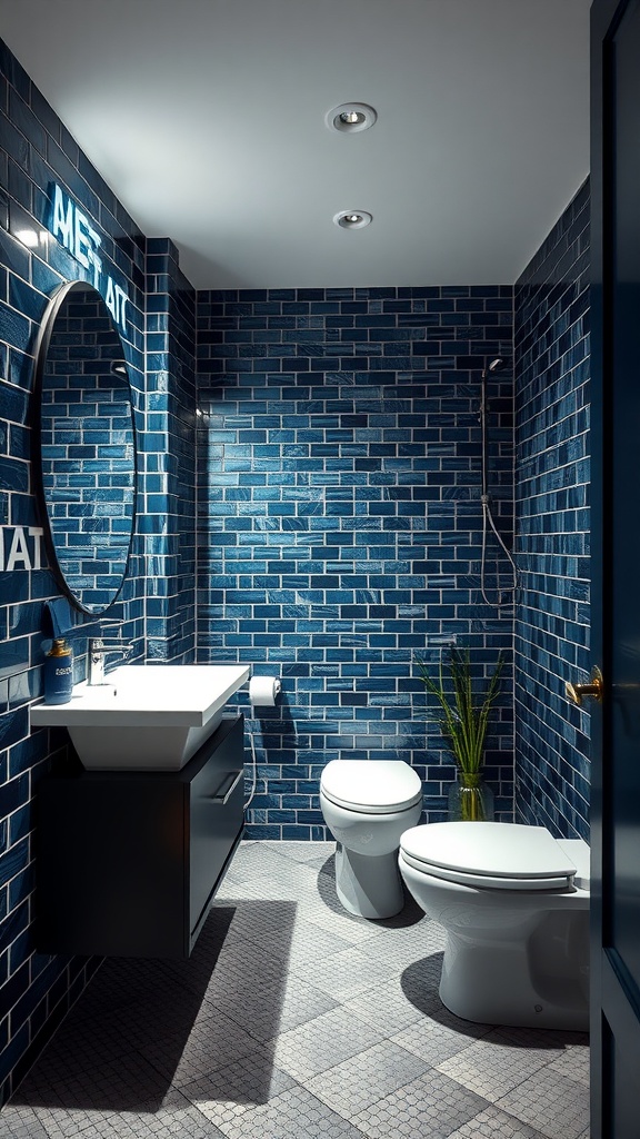 A modern bathroom with blue tiles, a sleek vanity, and a small plant.