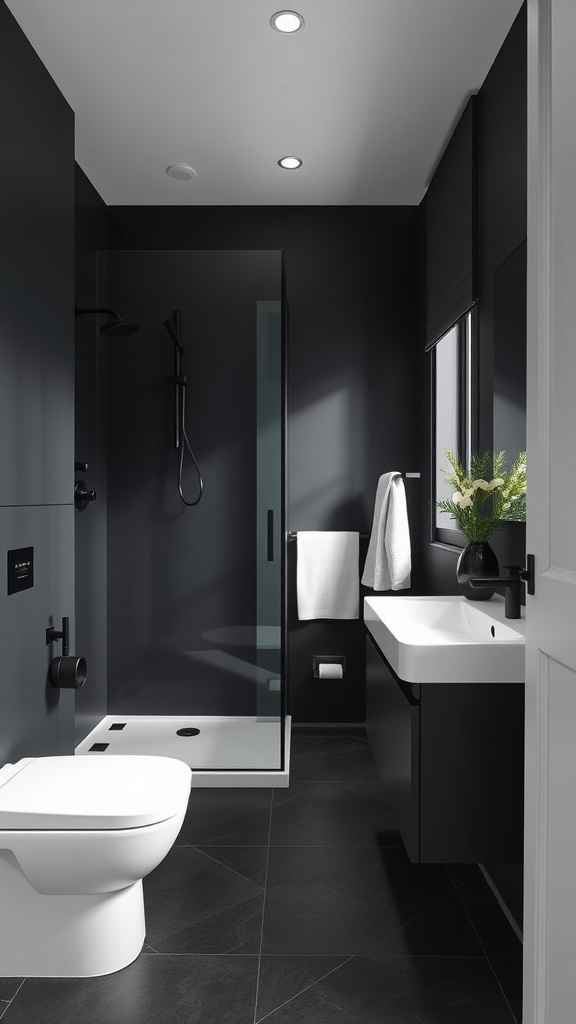 A modern matte black bathroom featuring a glass shower enclosure, toilet, and sleek basin with recessed lighting.