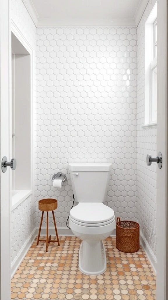 Black and white penny tile bathroom with hexagonal wall tiles and a warm-toned floor