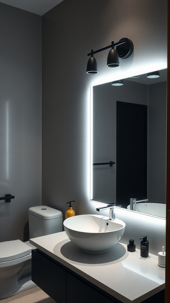 A modern bathroom featuring an illuminated vanity mirror, a round sink, and black accents.