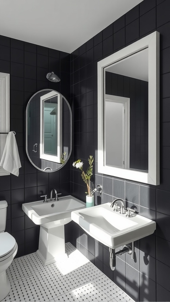 A black shiplap bathroom featuring two mirrors, one round and one rectangular, with modern fixtures and natural light.