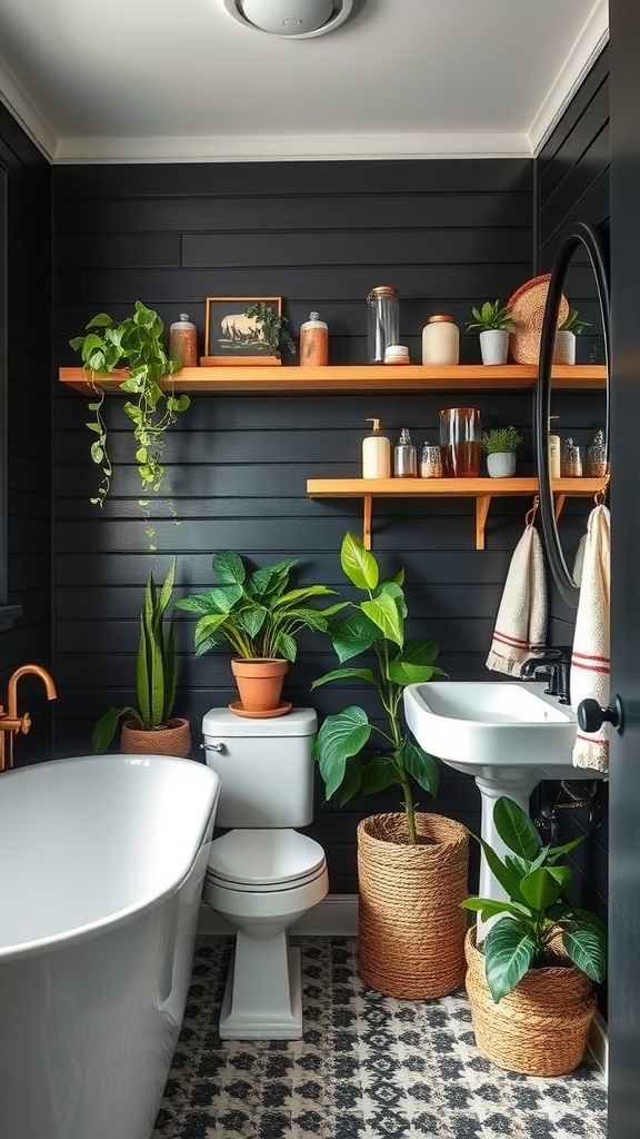 A stylish black shiplap bathroom featuring potted plants, wooden shelves, and a cozy ambiance.