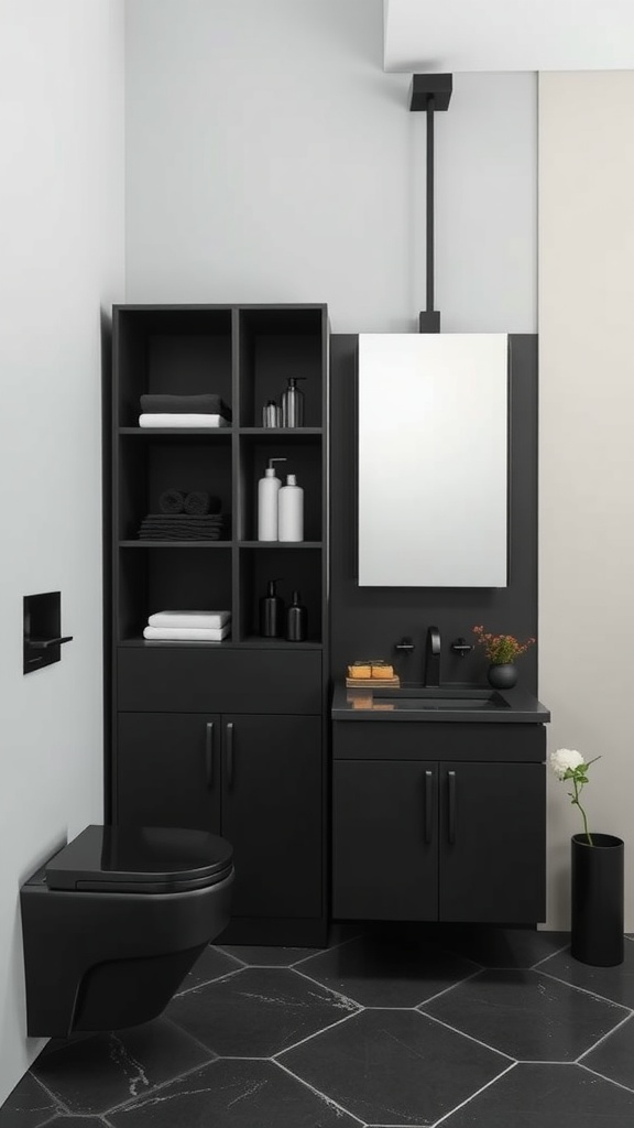 A matte black bathroom featuring innovative storage solutions with shelving, cabinets, and modern fixtures.