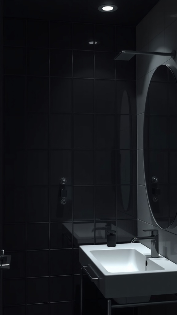 A modern black bathroom featuring dark tiles and a bright ceiling light illuminating a white sink.