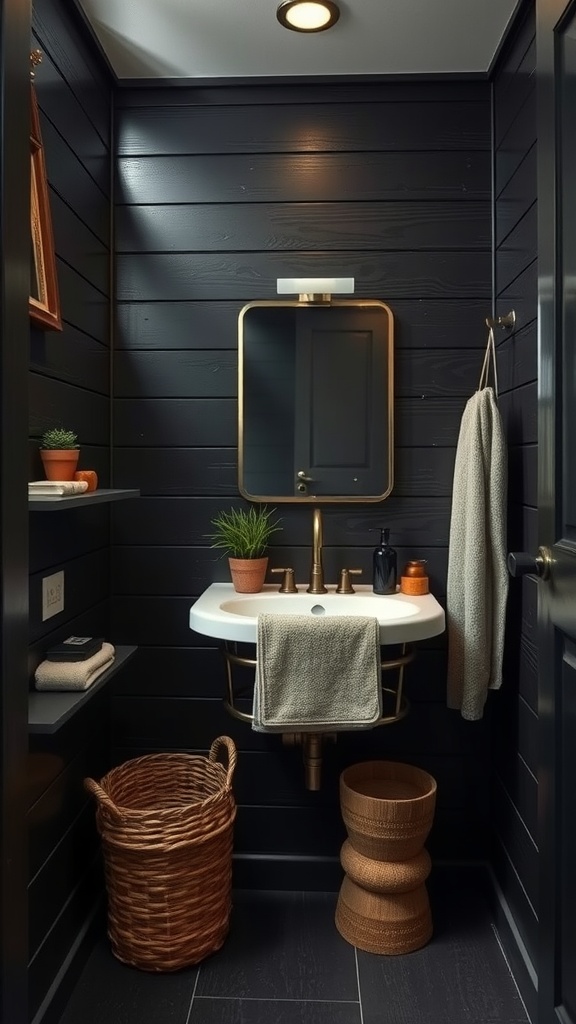 A stylish black shiplap bathroom featuring a modern sink with gold fixtures, a round mirror, and decorative plants.