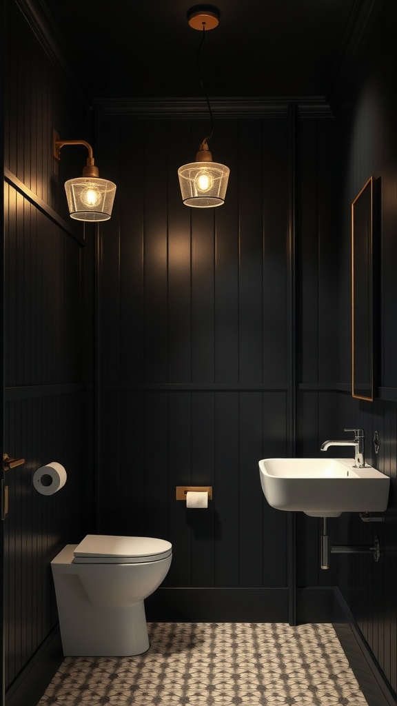 Bathroom with black shiplap walls, featuring pendant and wall-mounted lighting, a white sink, and a toilet.