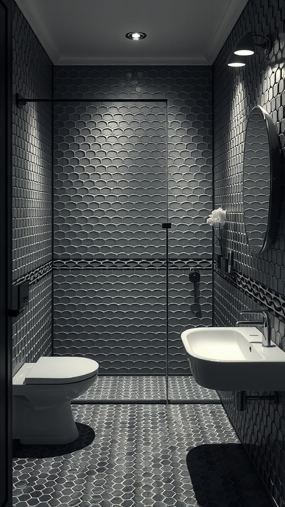 A stylish black and white penny tile bathroom featuring intricate tiles and modern lighting.