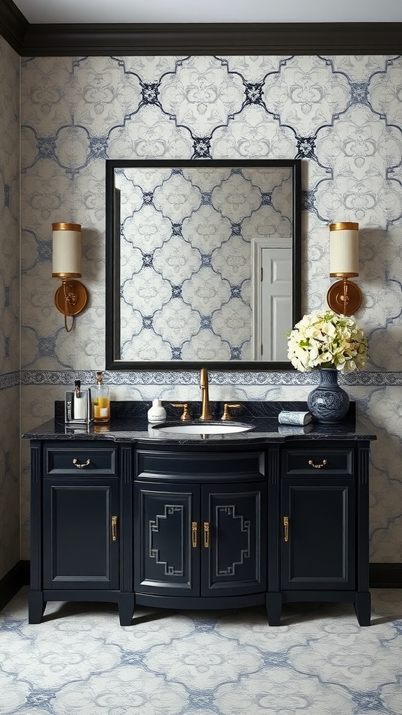 A luxurious blue and black bathroom showcasing a dark vanity, elegant mirror, and stylish sconces.