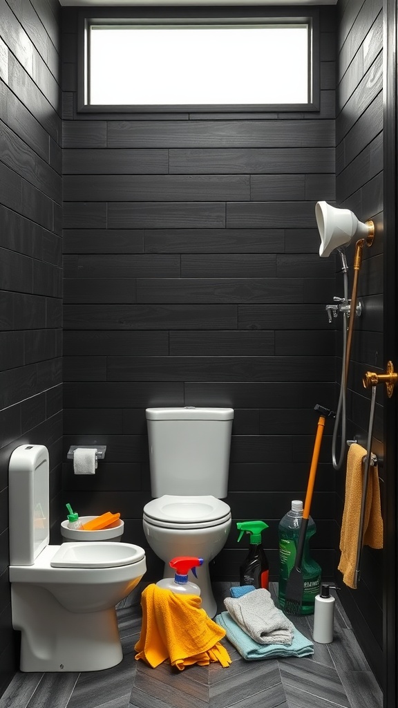 A black shiplap bathroom with cleaning supplies and towels