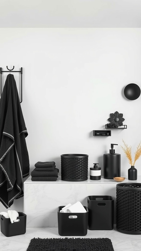 A modern bathroom showcasing matte black accessories including towels, storage bins, and a decorative vase.