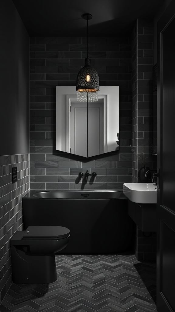 A modern matte black bathroom featuring geometric patterns in the flooring and sleek black fixtures.