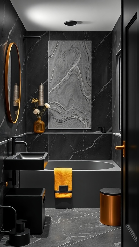 A modern bathroom with matte black walls and fixtures, gold accents, and a bright yellow towel.