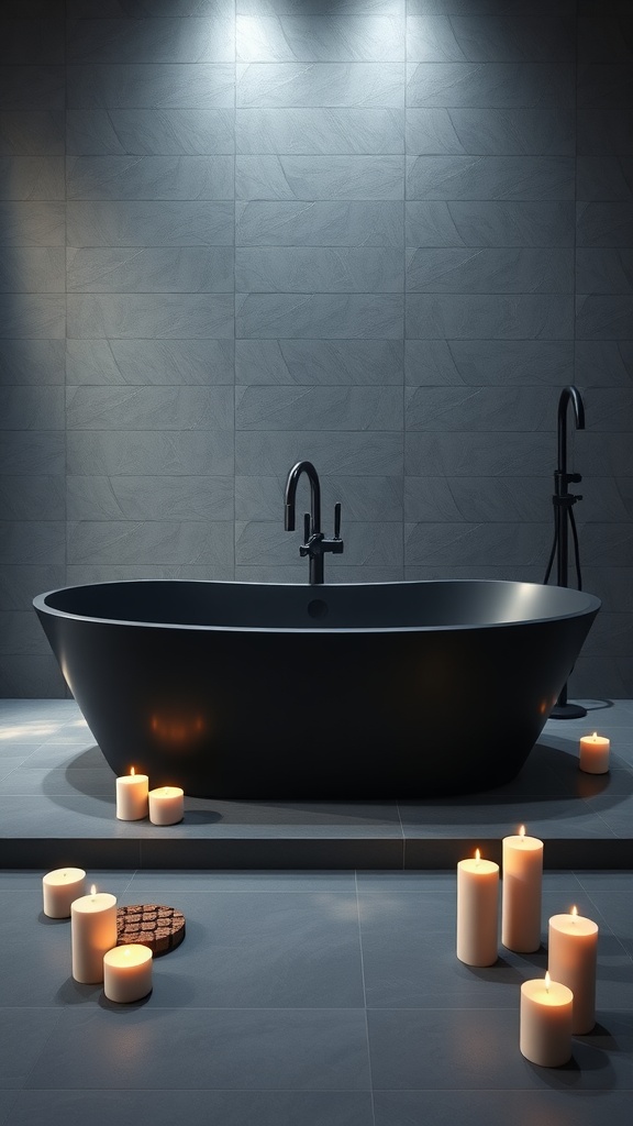 A matte black bathtub surrounded by candles, set against gray tiled walls in a modern bathroom.