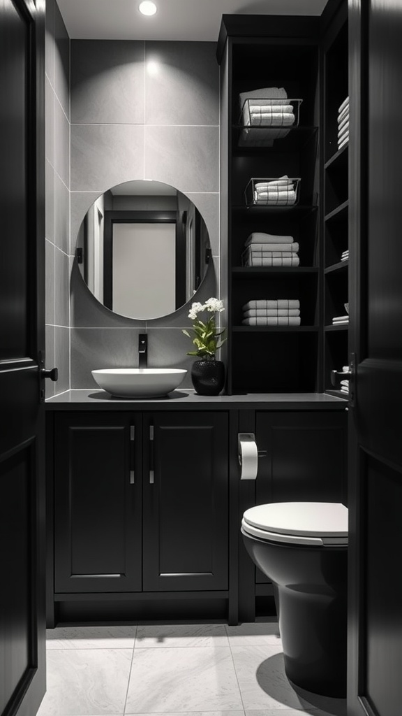 A modern bathroom featuring matte black cabinets, a round mirror, and neatly organized towels.