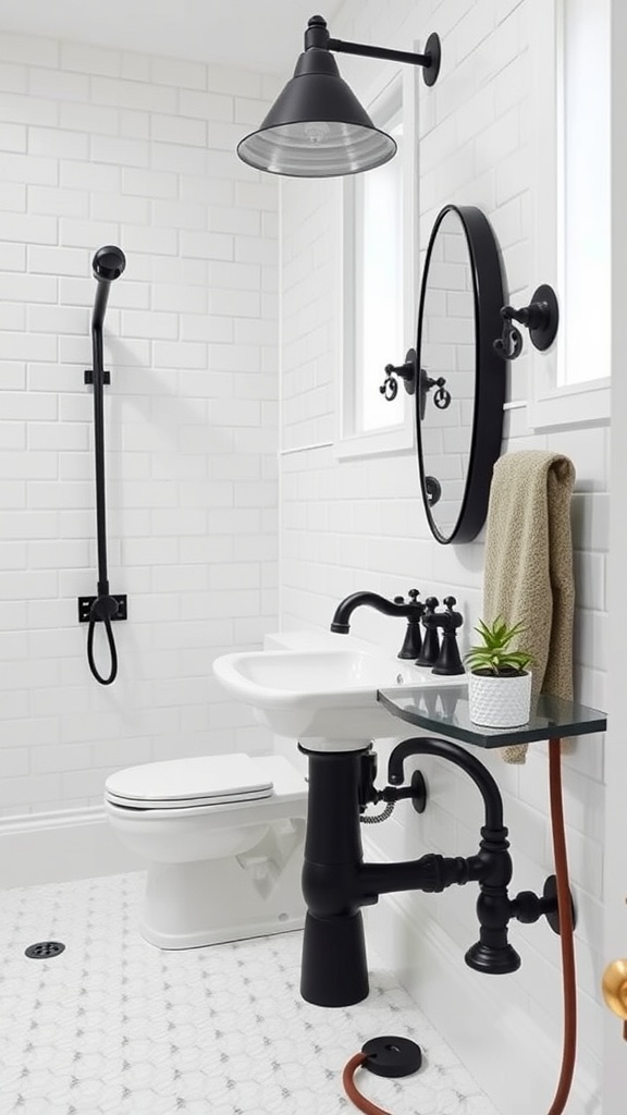 A stylish bathroom featuring matte black fixtures, vintage elements, and bright white subway tiles.
