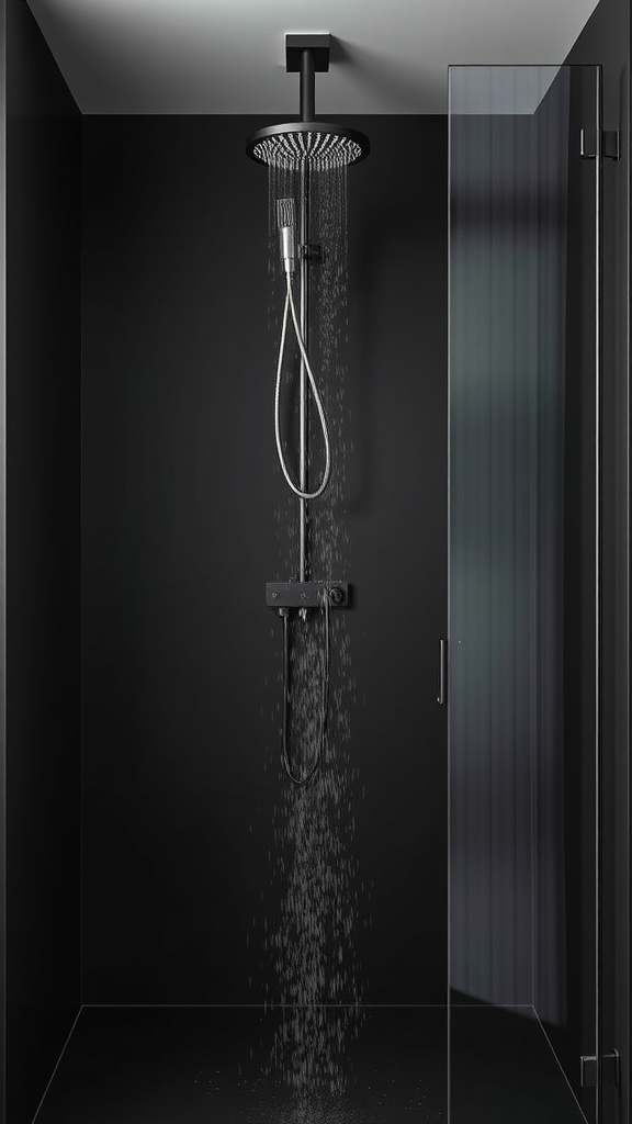 Matte black shower enclosure with rainfall showerhead and glass door