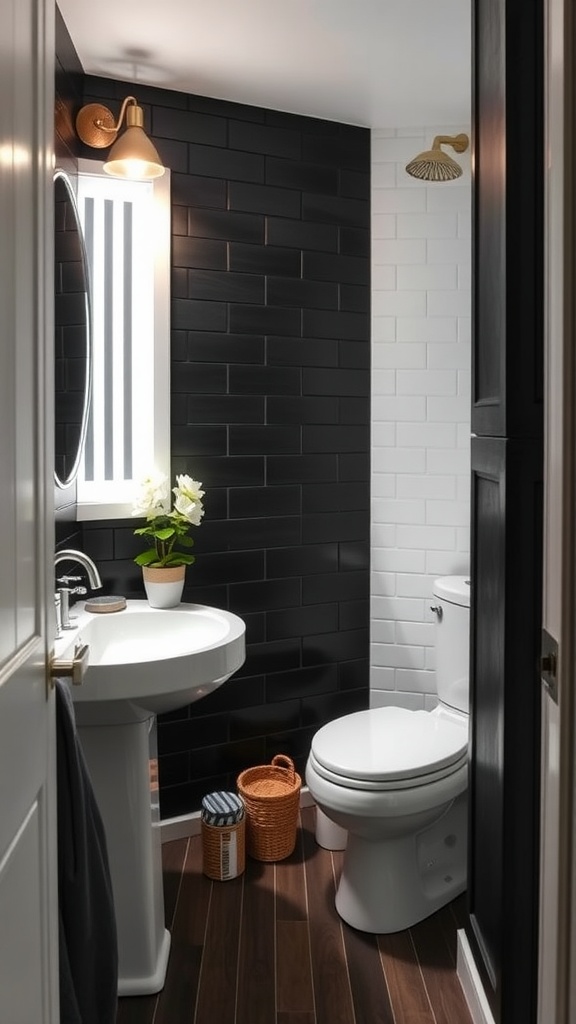 A stylish black shiplap bathroom featuring a modern sink, toilet, and decorative elements.