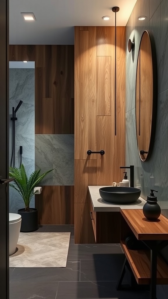 A modern bathroom featuring matte black fixtures, wooden paneling, and a stylish sink.