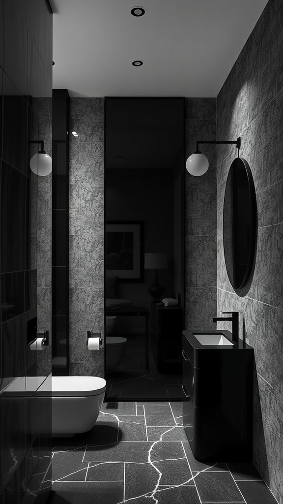 A stylish bathroom featuring textured walls and black mirrors.