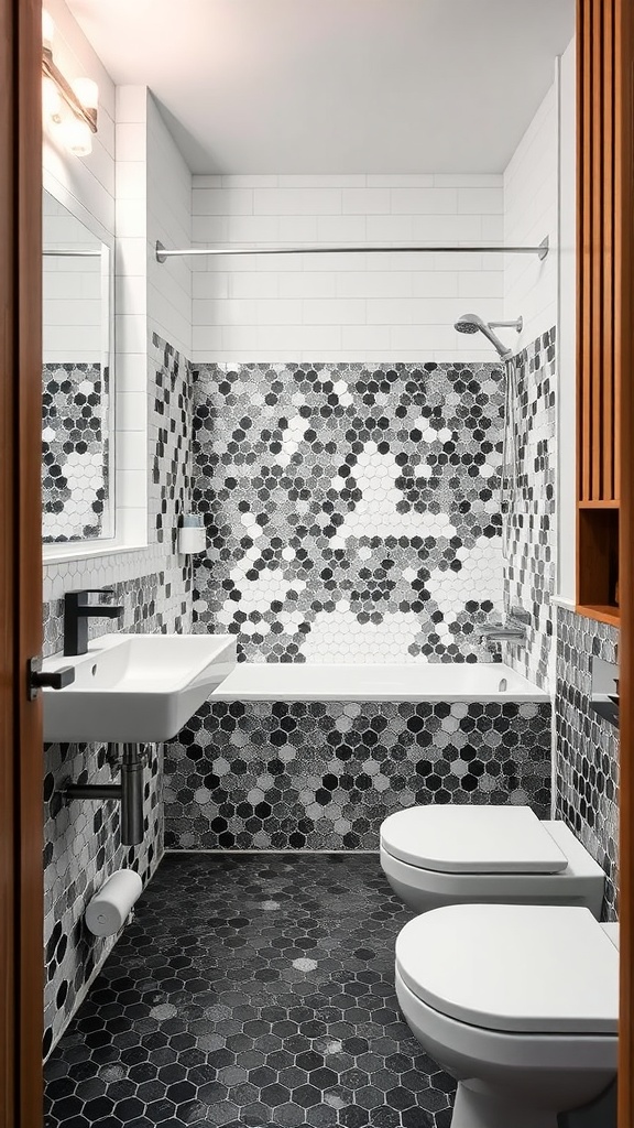 Stylish black and white penny tile bathroom with varied textures