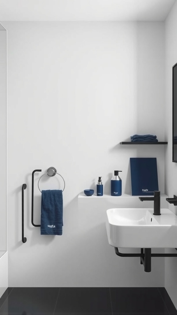 A modern bathroom featuring a white sink, black fixtures, and blue accessories.