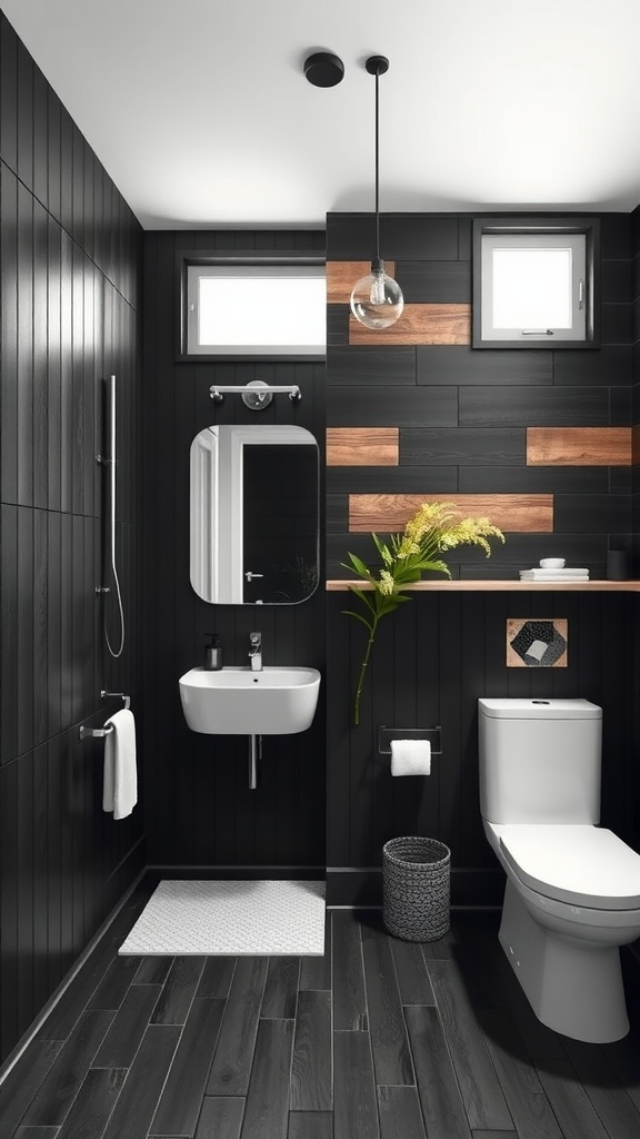 A modern black shiplap bathroom featuring sleek fixtures and rustic wood accents.