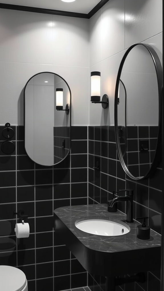 A matte black bathroom featuring black tiles, circular mirrors, and stylish lighting.