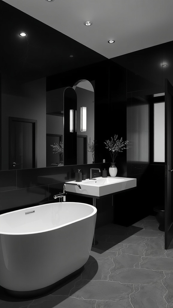 Modern black and white bathroom featuring a freestanding bathtub and minimalist design