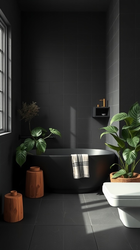 A chic matte black bathroom with plants and wooden stools