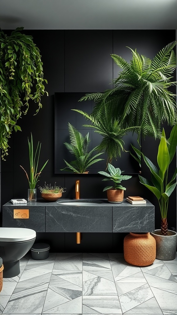 A modern black bathroom with lush greenery and stylish decor.