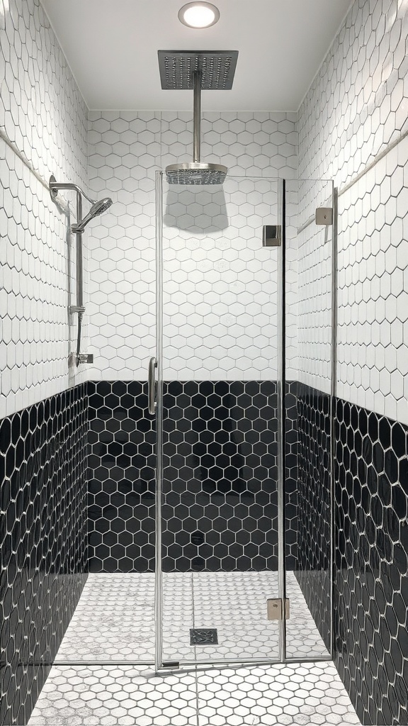 A modern shower space featuring black and white penny tiles with a glass door.