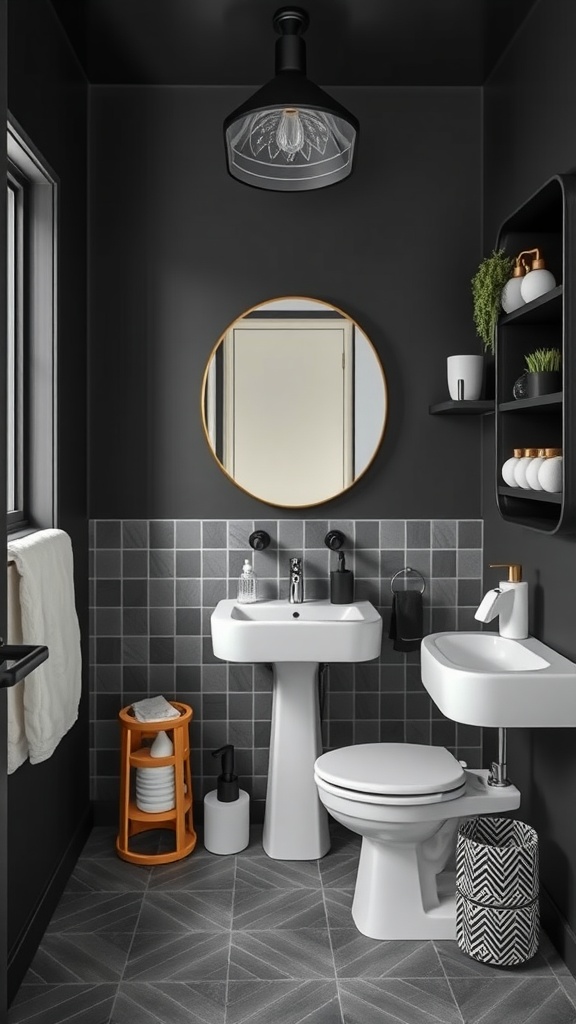 A stylish matte black bathroom featuring a circular mirror, an orange stool for storage, and decorative elements on the shelves.