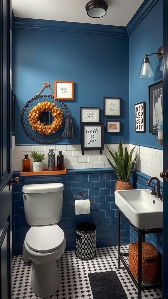 A stylish blue and black bathroom with decorative elements and plants.