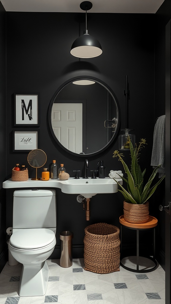A modern black bathroom featuring a round black mirror, stylish fixtures, and personalized decor elements.