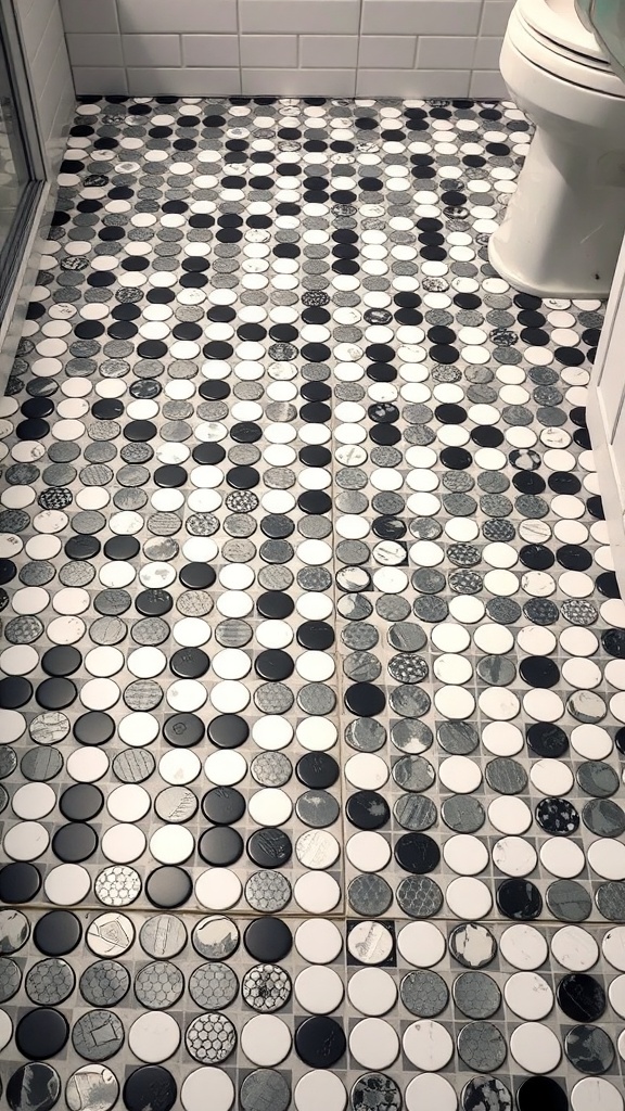A black and white penny tile bathroom floor with various patterns and textures.