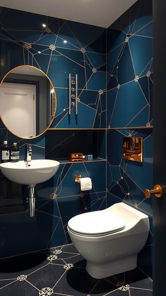 A modern blue and black bathroom featuring gold metallic accents.