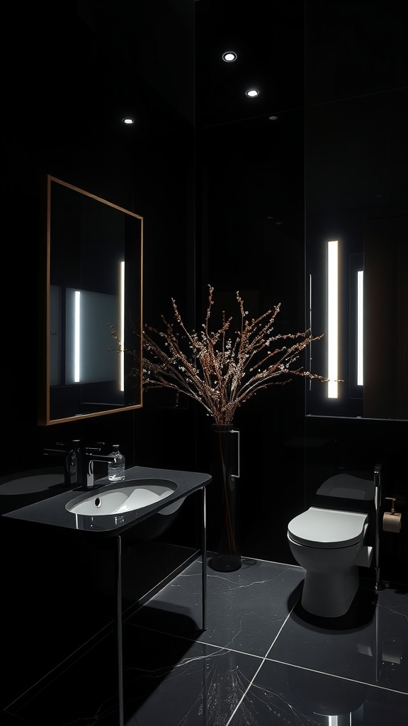 A modern black bathroom featuring reflective surfaces, a minimalist vanity, and decorative dried flowers.