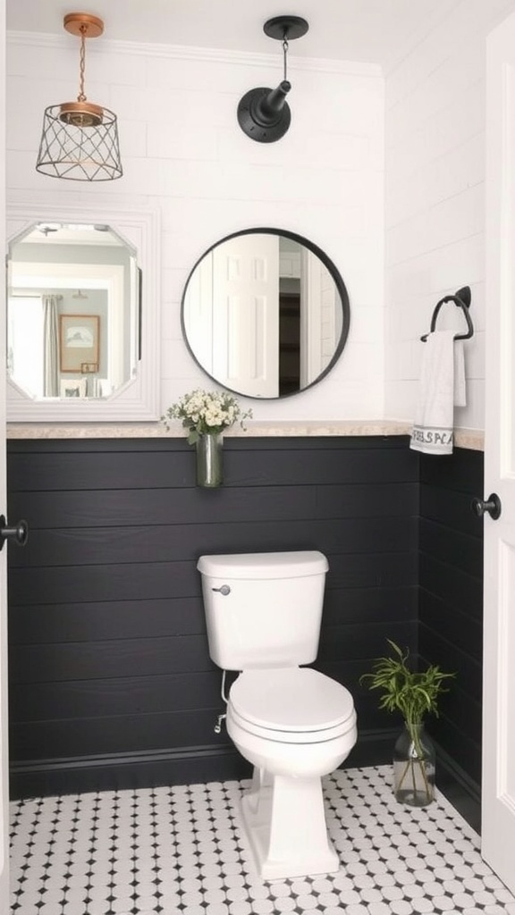 A black shiplap bathroom featuring a white toilet, round mirror, and patterned floor tiles.
