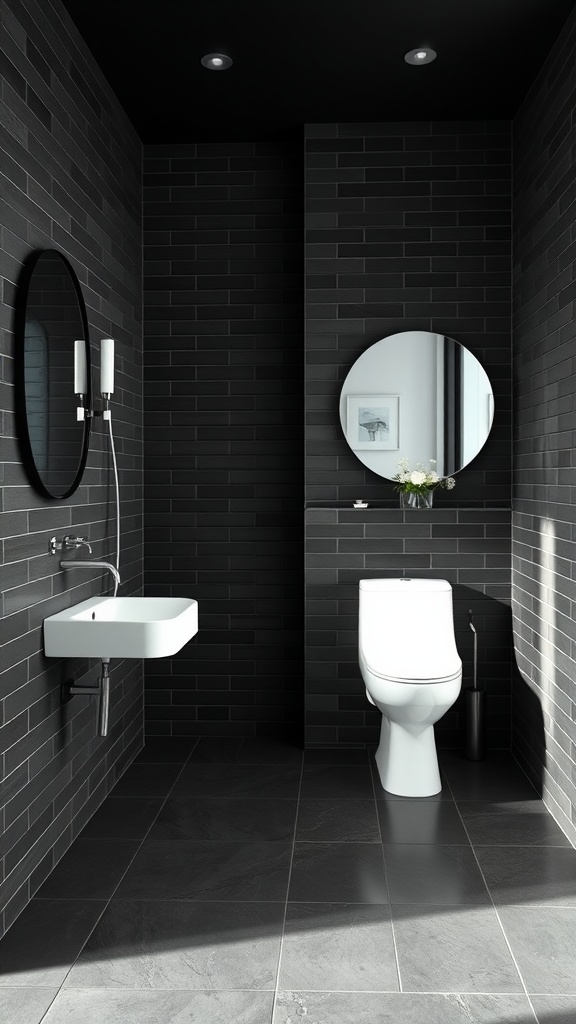 A modern bathroom featuring matte black tiles on the walls and floor, with minimalist fixtures and a sleek design.