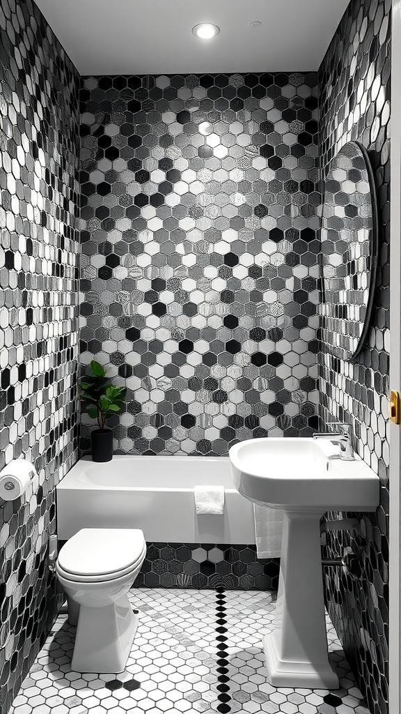 A small bathroom featuring black and white penny tiles on the walls and floor, a round mirror, and a touch of greenery.