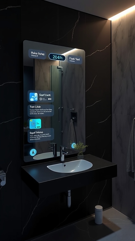 A sleek black smart mirror displaying health and weather information in a modern bathroom setting.