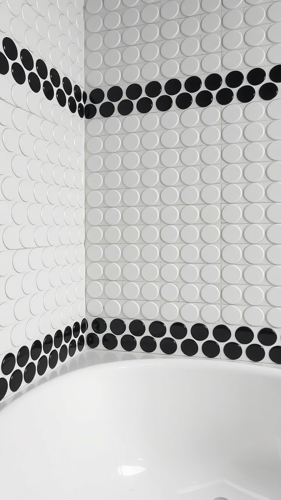 Black and white penny tile bathroom with detailed borders