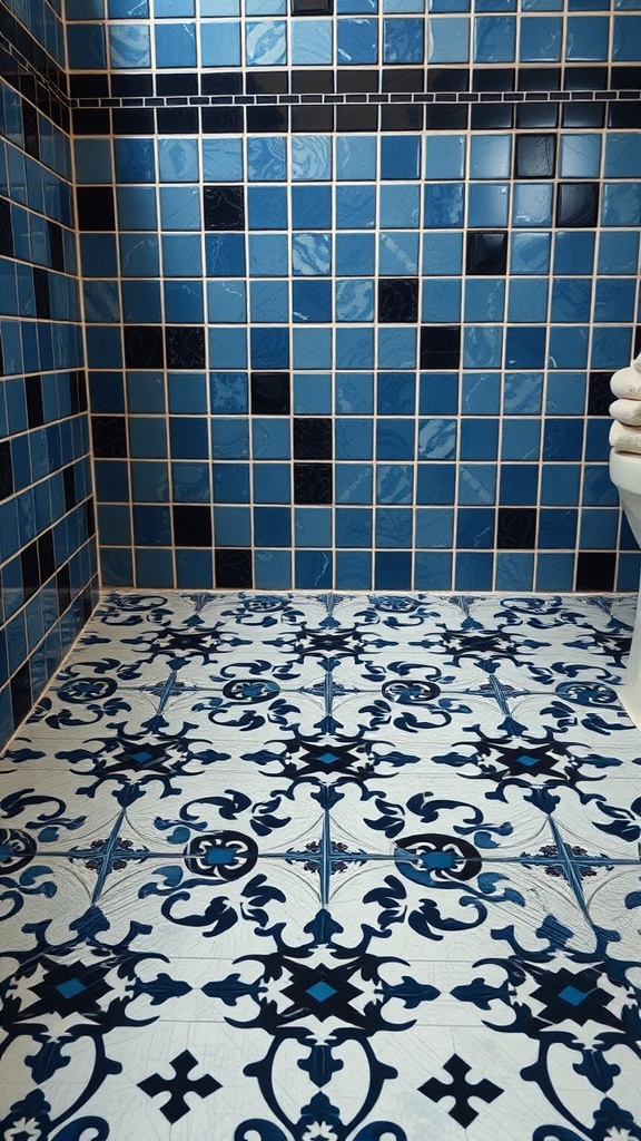 Bathroom with blue and black tiled walls and an ornate patterned floor.