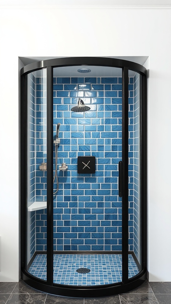 Stylish blue and black shower enclosure with curved glass and vibrant tiles.