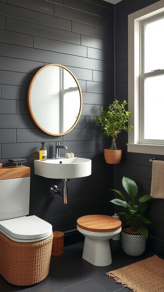 A black shiplap bathroom featuring natural wood accents, plants, and modern fixtures.