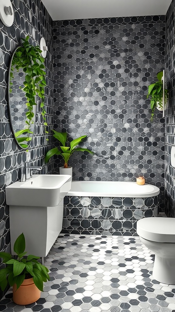 A modern black and white penny tile bathroom with plants and a clean design.