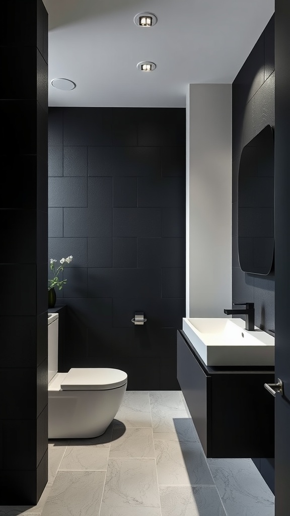 A modern bathroom with textured matte black walls, white sink, and light-colored floor tiles.