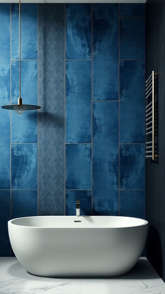 A modern bathroom with textured blue wall tiles and a white freestanding bathtub.